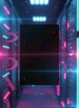 Data Center Infrastructure and Cyber Security: Server Room Corridor Background with Vertical Dark Copy Space