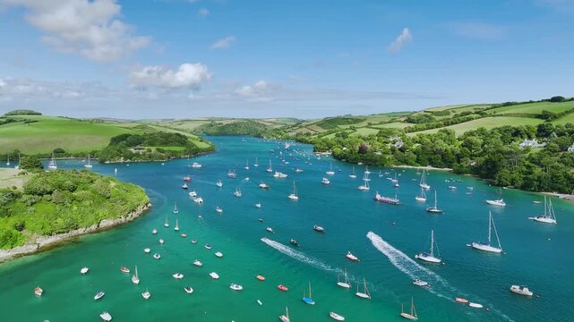 Salcombe and Mill Bay over Kingsbridge Estuary from a drone, Batson Creek, Southpool Creek, Devon, England, United Kingdom