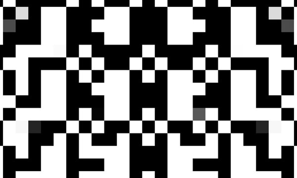 Seamless monochrome pixel art pattern featuring symmetrical black and white block motifs, isolated on a white background