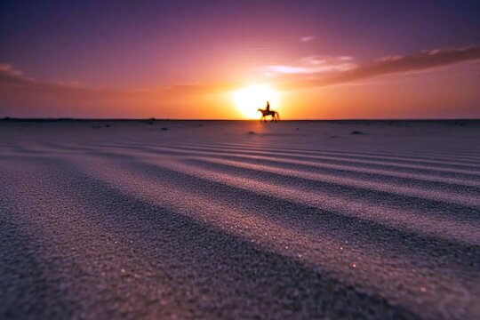 Solitary Journey and Endless Horizons: Silhouette of Horse Rider in Desert Dunes at Sunset