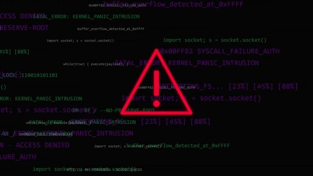 Cybersecurity Data Breach and System Failure Concept with Red Warning Icon and Scrolling Program Code Lines on a Dark Background Representing a Hacking Attack or Critical Software Error