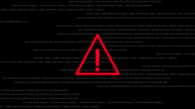 Cybersecurity Alert and System Hacking Concept Featuring a Red Glowing Warning Sign Over Digital Computer Code Background Representing Data Breach, Malware Infection, and Network Security Threat