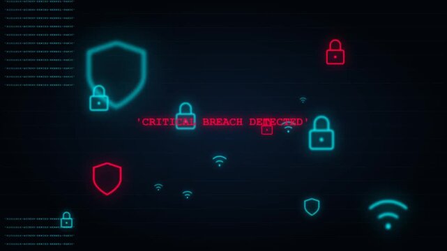 Abstract cybersecurity digital interface showing critical breach detected message with neon red and blue icons of locks and shields representing data protection and hacking threat on network.