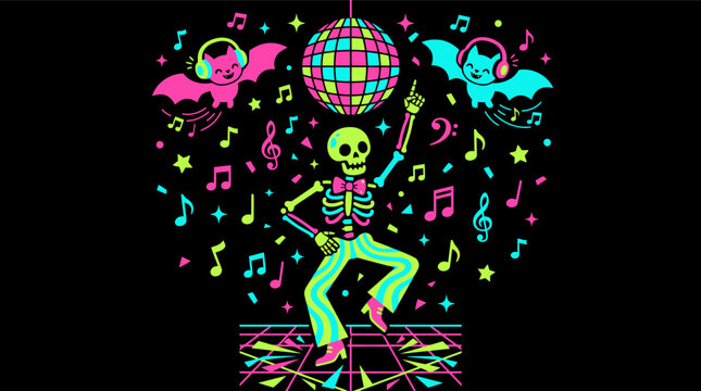 Neon skeleton dancing disco party illustration. Features a glowing skull character, colorful bats with headphones, and a shimmering mirror ball. Fun retro 80s synthwave music event art design.