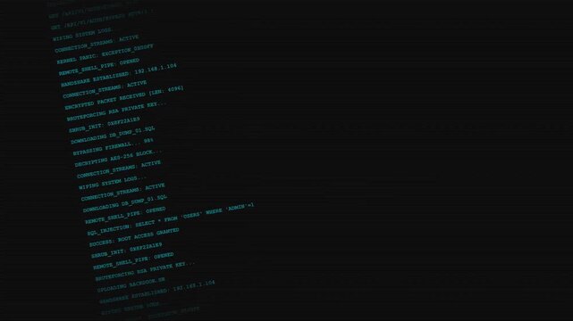 Futuristic Cyber Security Interface Featuring Scrolling Blue Code on Dark Screen with Scanlines Showing Successful System Exploit and Confidential Data Extraction for Technology Concepts