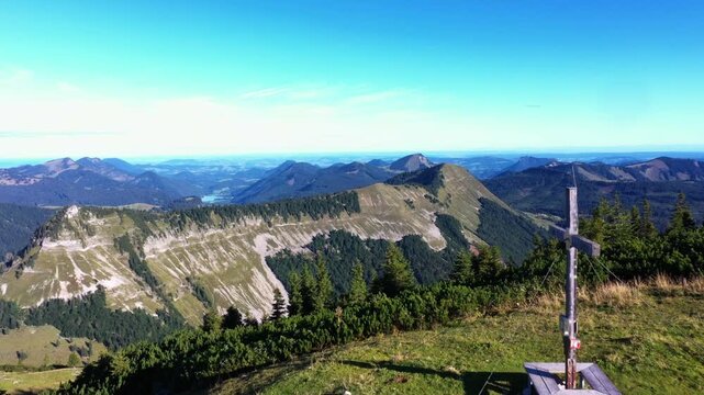Drone flight over the Hohern Zinken with summit cross, Postalm, Osterhorn Group, Salzkammergut, State of Salzburg, Austria