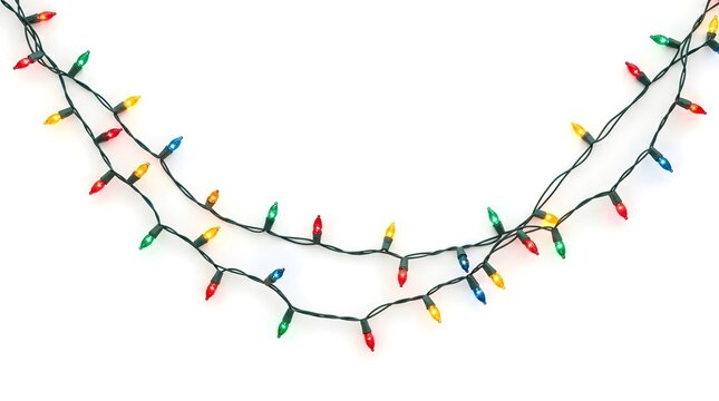 Colorful christmas string lights isolated on white background