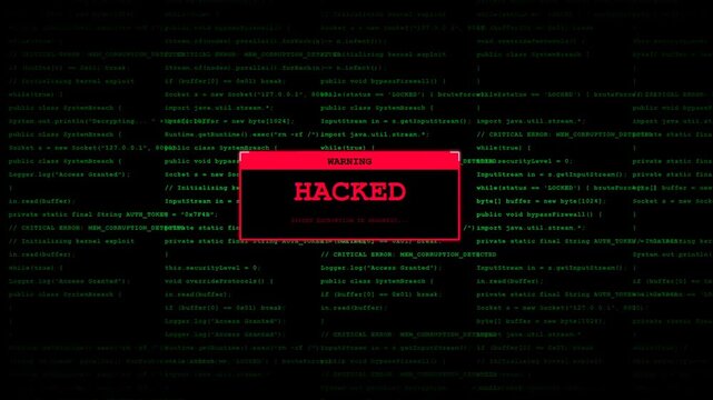 Cybersecurity concept featuring a red warning hacked message pop up on a dark screen with scrolling green computer programming code representing data breach, system failure, and malware attack.