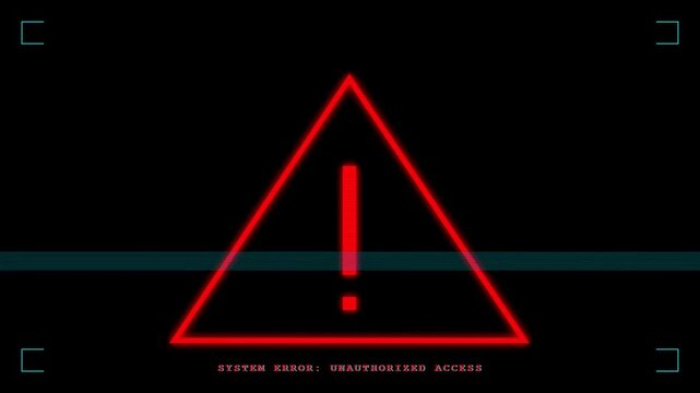 Digital screen display showing red exclamation mark warning triangle with system error unauthorized access and critical failure text on black background for cybersecurity and hacking concept.