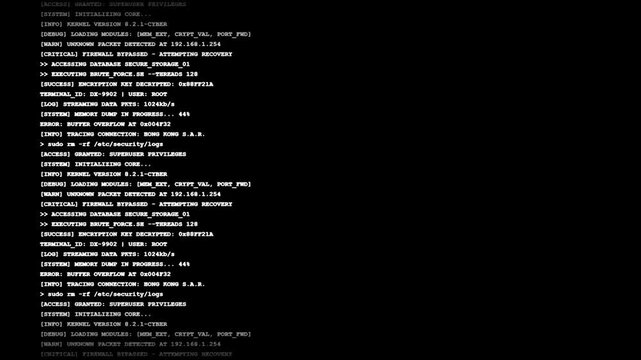 Cybersecurity Terminal Interface with Scrolling System Commands Showing Cyber Attack Sequence Database Breach and Decryption Process with Monospaced White Text on Black Digital Background