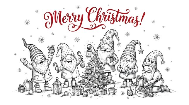 Christmas gnomes with gifts and tree isolated on white background