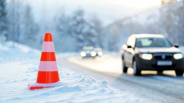 Traffic cone marking a snowy roadside hazard, winter road maintenance with icy pavement beside passing cars, temporary traffic control on a frozen route