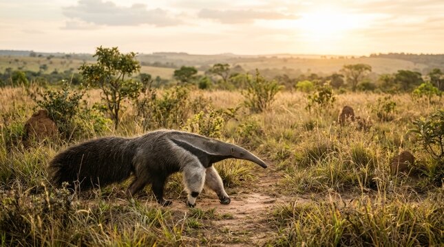 Anteater Walking Across Savanna at Sunset