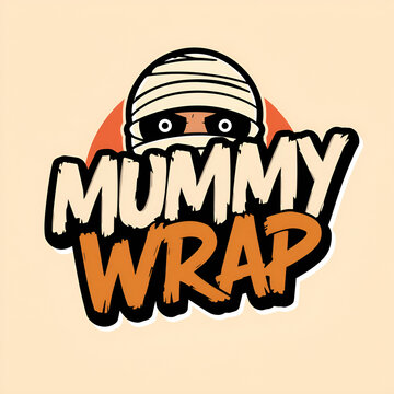 Mummy Wrap cartoon logo design with wrapped head character for Halloween branding.