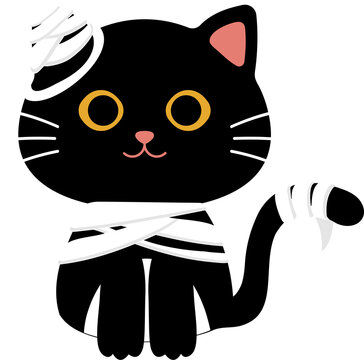 Cute halloween black cat character wrapped in mummy bandages