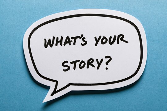 Story written on a paper speech bubble concept with a question message on a blue background