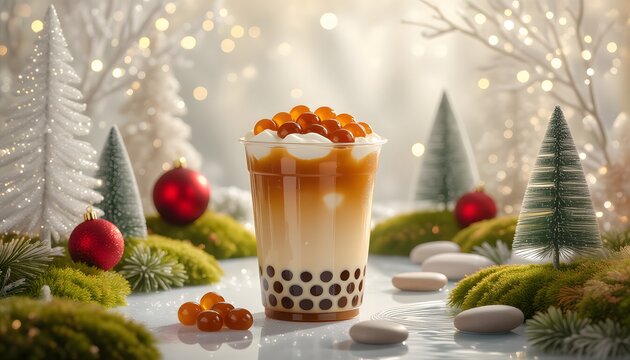 Festive Bubble Milk Tea With Tapioca Pearl Beverage Illustration