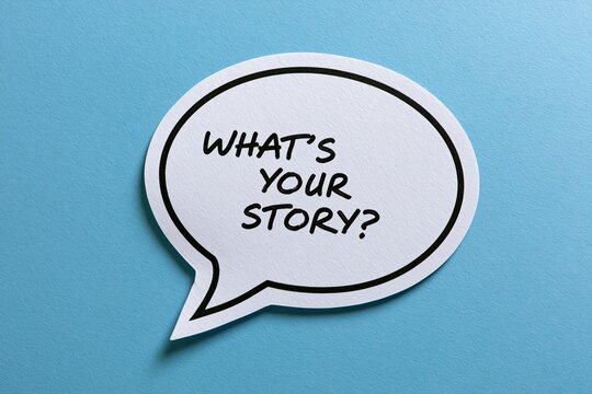 Story concept with a speech bubble message question on a blue paper cutout background for dialogue