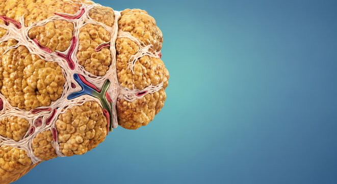 Microscopic 3D cross section of human adipose tissue showing fat cells and connective tissue with blood vessels