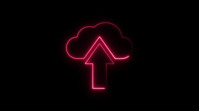 Red neon cloud upload icon on black background image
