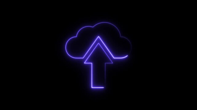 Purple neon cloud upload icon on black background image