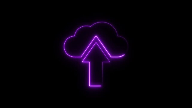 Violet neon cloud upload icon on black background image