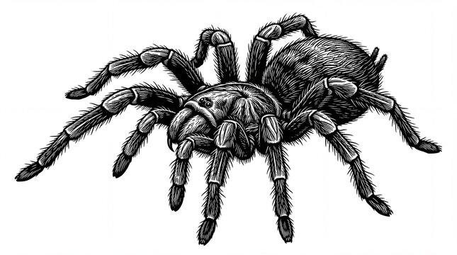 Hairy tarantula spider hand drawn engraving style illustration