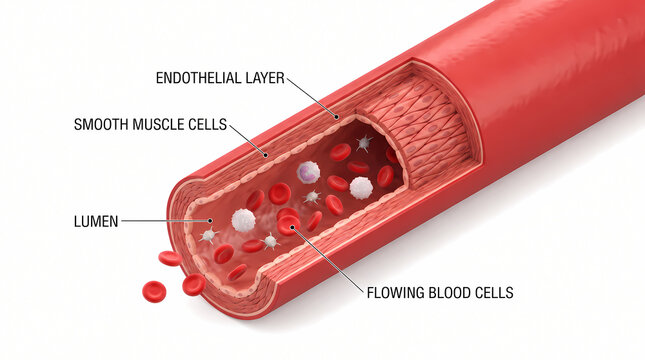 Diagram showing internal anatomy of a blood vessel with endothelial layer, smooth muscle cells, lumen and flowing blood cells