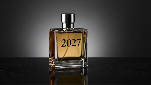 Elegant 2027 perfume bottle gleams on reflective surface against soft gradient backdrop.