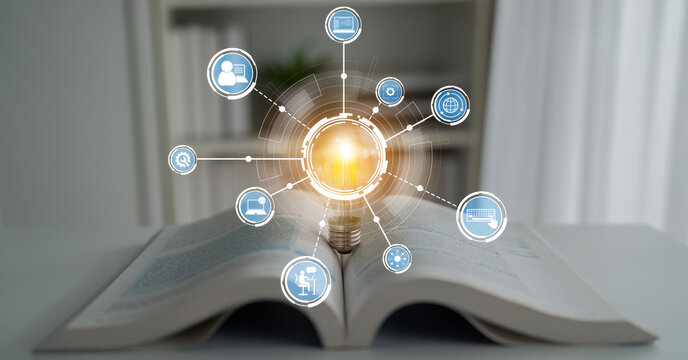 This image illustrates the concept of knowledge sharing and innovation, featuring an open book and a light bulb surrounded by various informational icons symbolizing ideas and creativity. Crux