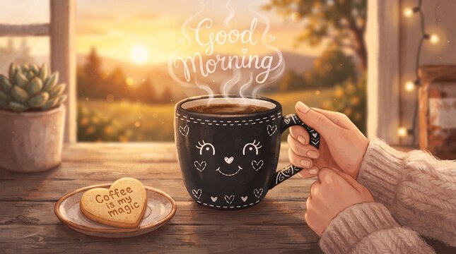 A hand holds a black mug filled with coffee, bearing the inscription "Good Morning." A heart-shaped biscuit with the words "Coffee is my magic" sits on a plate. The morning atmosphere is calm and cozy