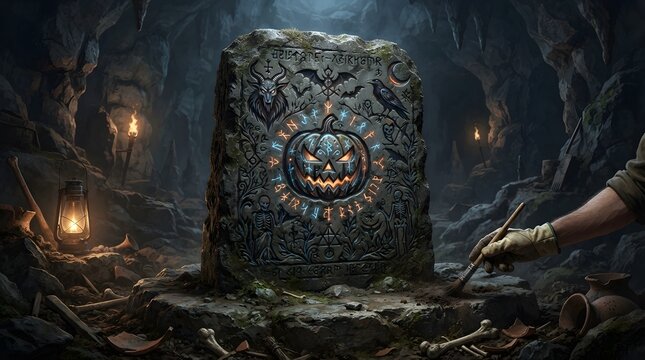 Halloween stone monument with glowing pumpkin carving in a dark cave