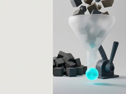 Abstract data processing concept with raw cubes entering a funnel and exiting as a glowing sphere