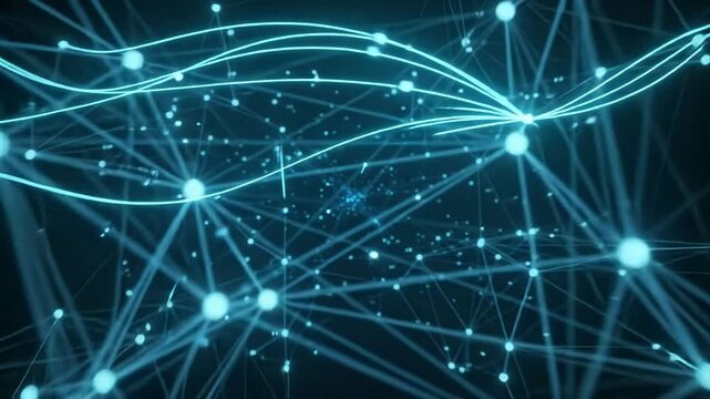 Futuristic digital network background with glowing blue lines and connected nodes representing data communication and technology