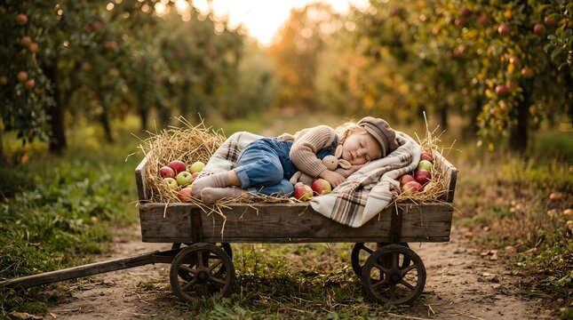 Little child sleeping in a wooden cart with apples and hay in an autumn orchard during peaceful golden hour sunset