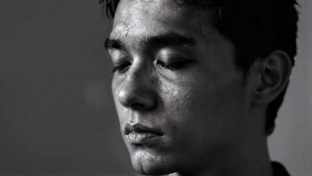 Black and white portrait of a young man in peaceful sleep.