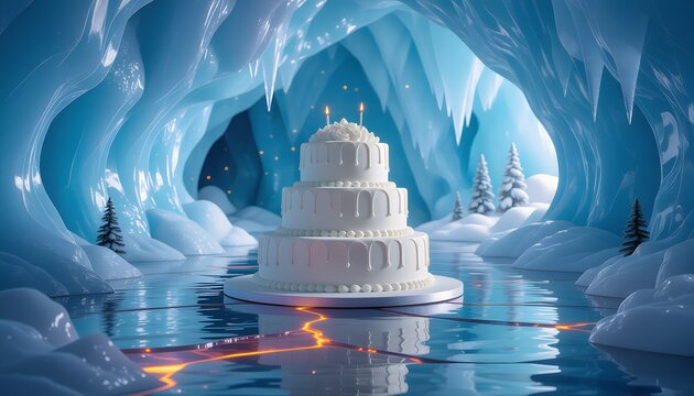 Fantasy Digital Illustration White Tiered Birthday Cake in Frozen Ice Cave Background