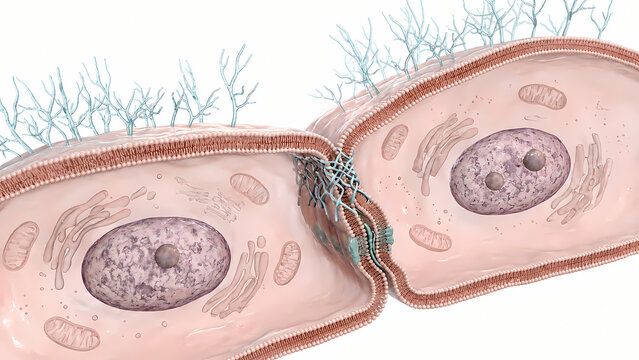 Microscopic 3D view of epithelial cells showing tight junctions, cell membrane, nucleus, and organelle structures