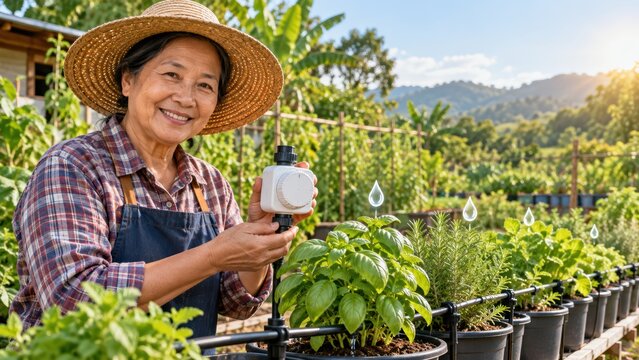 Happy senior woman farmer using automatic irrigation system controller for organic potted herb garden in sunlight