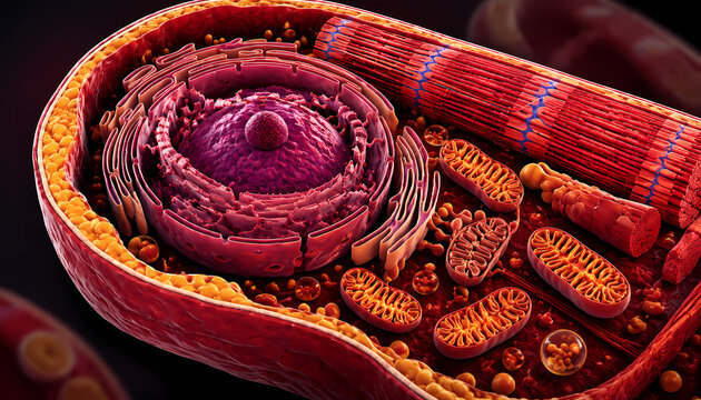 Microscopic 3D view of eukaryotic cell interior showing nucleus, Endoplasmatic reticulum, mitochondria, and cytoskeleton structures