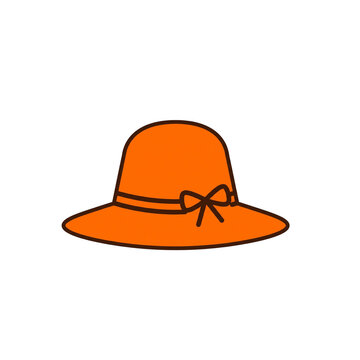 Orange sun hat for women wide brim beach headwear with brown ribbon bow flat design outline style summer vacation clothing fashion accessory graphic element
