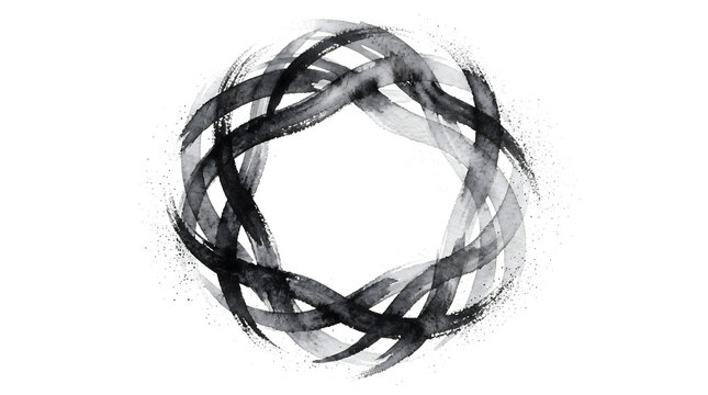 Interwoven ink strokes forming a braided circular orb with speckled edges as PNG with isolated transparent background