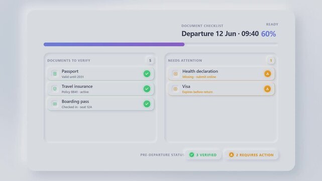 Digital travel document checklist interface showing real time status updates for flight departure