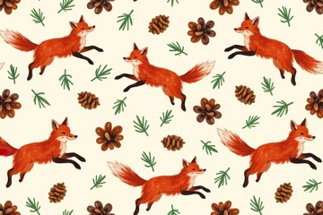 Fototapeta premium A seamless pattern featuring playful red foxes, pine cones, and green pine needles on a beige background.