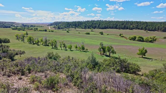 Rugged canyon rim and lush prairie creek valley stretch toward distant horizons at Castlewood Canyon State Park Colorado