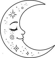 Detailed cute sleeping crescent moon with face and stars line art vector illustration © 드리 오