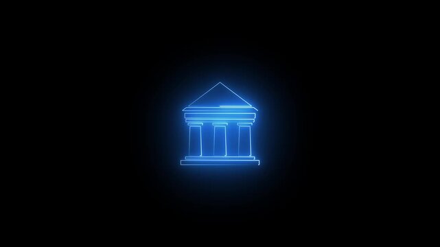 Glowing blue neon bank building icon animation motion footage