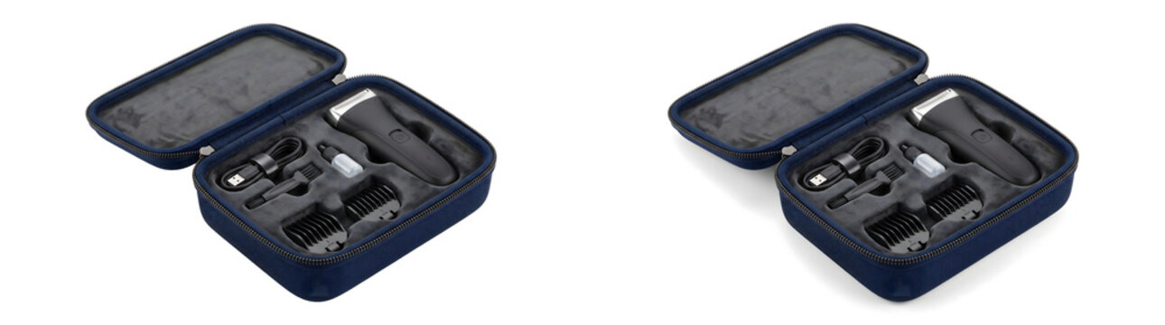 Grooming kit case mockup in navy blue fabric with zipper open showing electric shaver trimmer guide combs charging cable and brush on white background