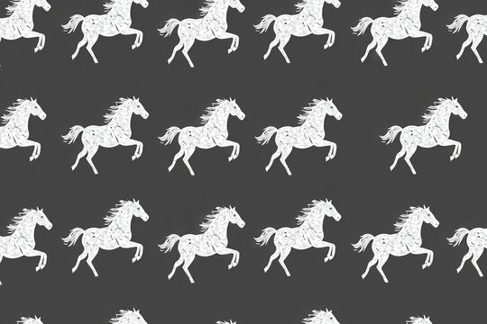Seamless pattern of white hand-drawn horses in various running poses on a dark gray background.