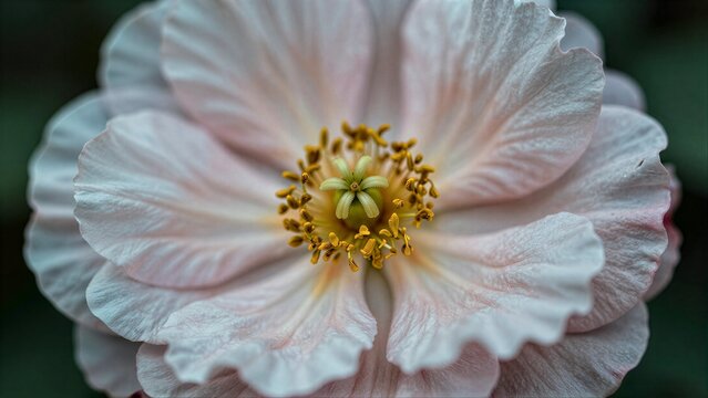 Soft pink petals surround a vibrant yellow center, delicate and detailed.